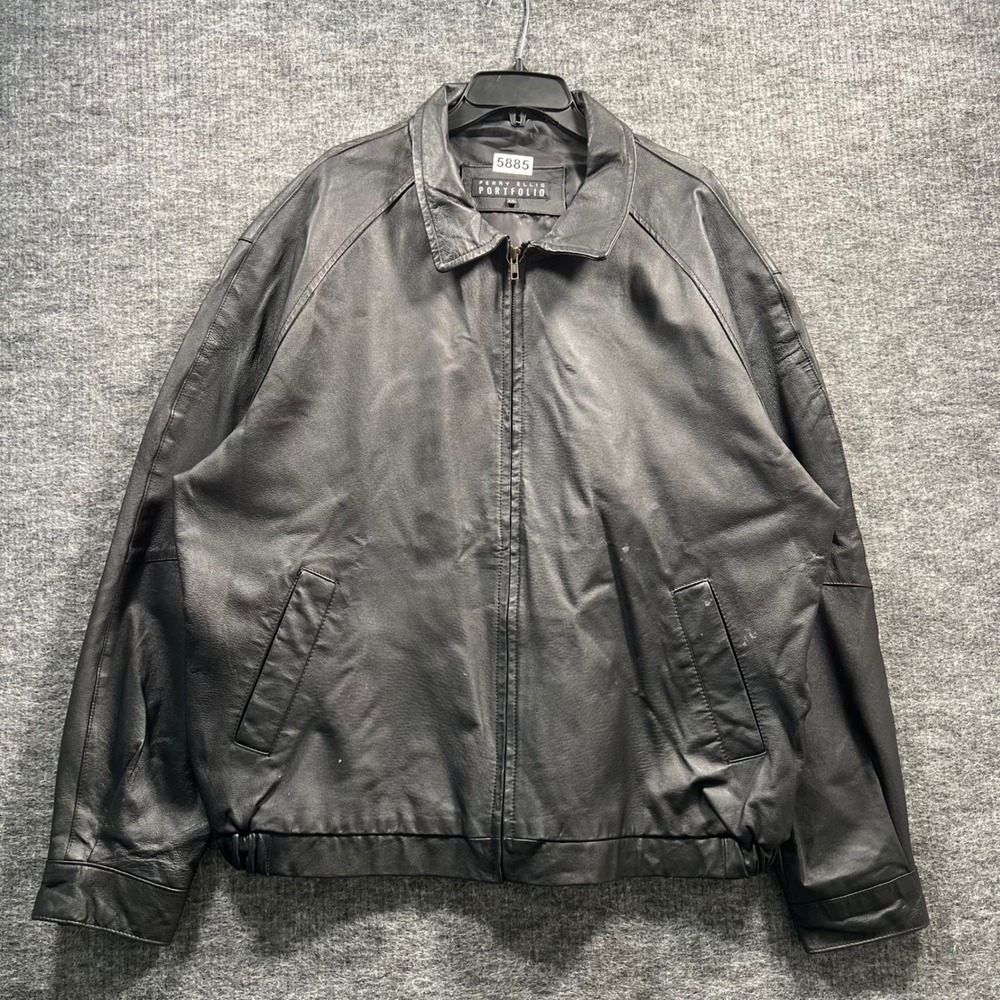 Perry Ellis Portfolio Mens XXL Black Leather Bomber Jacket Full Zip